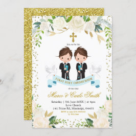 Invitación Primerísima Comunión del niño gemelo floral blanco