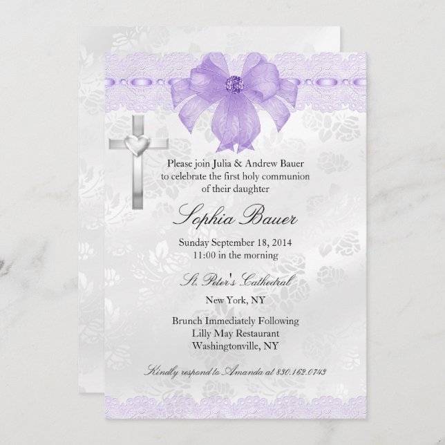 Invitación Primerísima Comunión: Purple Lace Bow (Anverso / Reverso)
