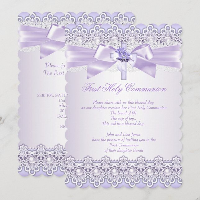 Invitación Primero Chicas de la Santa Comunión cruzan Lavende (Anverso / Reverso)