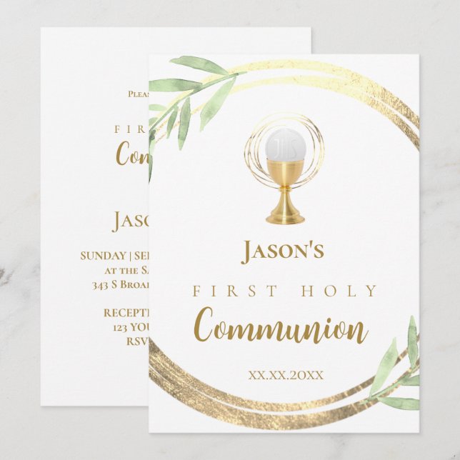 Invitación Primero hojas verdes del círculo dorado de la Sant (Anverso / Reverso)
