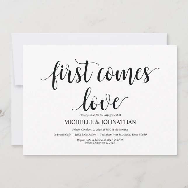 Invitación Primero viene el amor, fiesta de compromiso invita (Anverso)