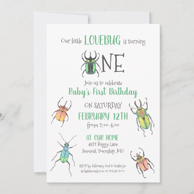 Invitación Primeros Bugs de Amor de Cumpleaños (Anverso)