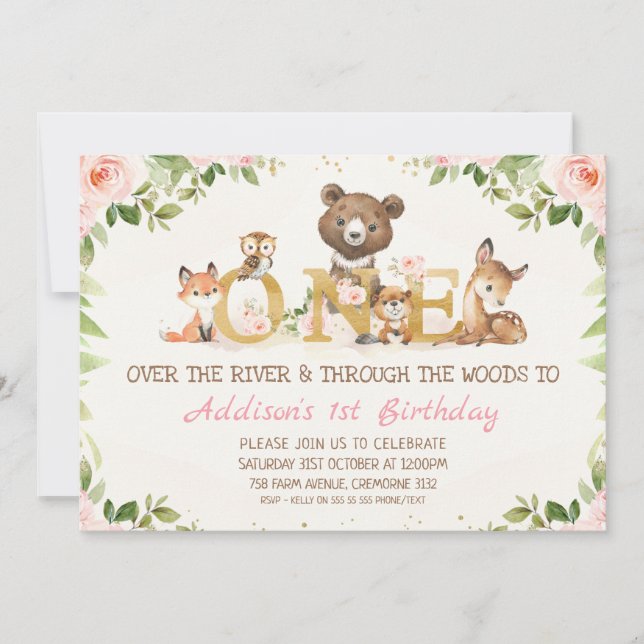 Invitación Primeros cumpleaños de animales de Woodland Floral (Anverso)