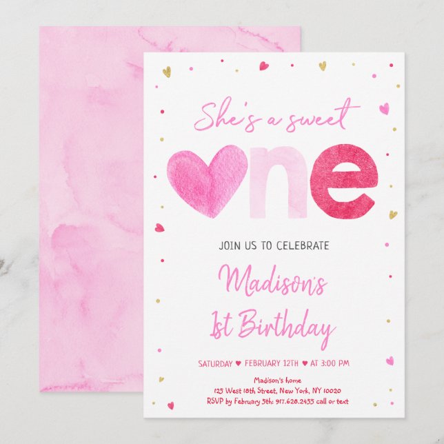 Invitación Primeros cumpleaños de corazones dorados rosados (Anverso / Reverso)