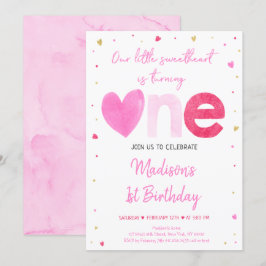 Invitación Primeros cumpleaños de corazones dorados rosados