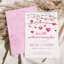 Invitación Primeros cumpleaños de corazones rojos rosados