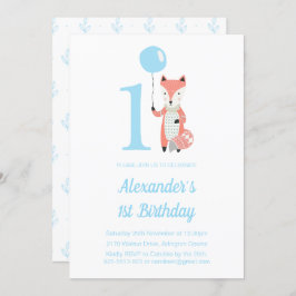 Invitación Primeros cumpleaños de Cute Fox y Balloon Blue