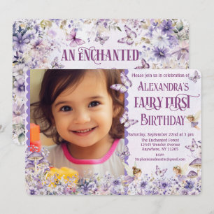 Invitación Primeros cumpleaños de foto de Purple Floral Fairy
