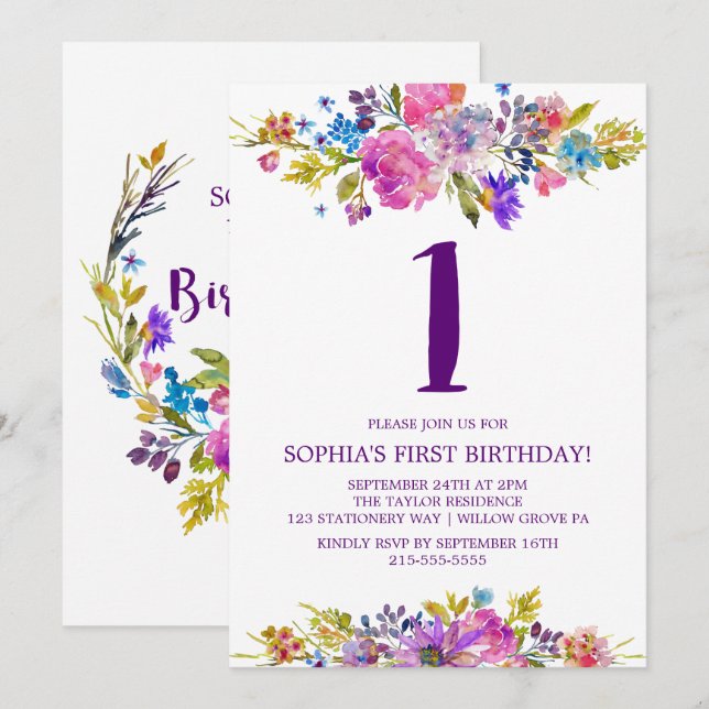 Invitación Primeros cumpleaños de las flores púrpuras y azule (Anverso / Reverso)