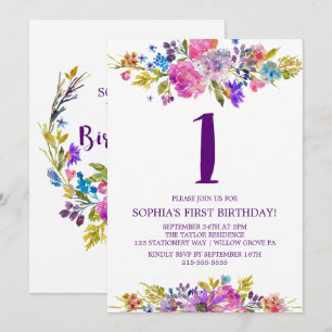 Invitación Primeros cumpleaños de las flores púrpuras y azule