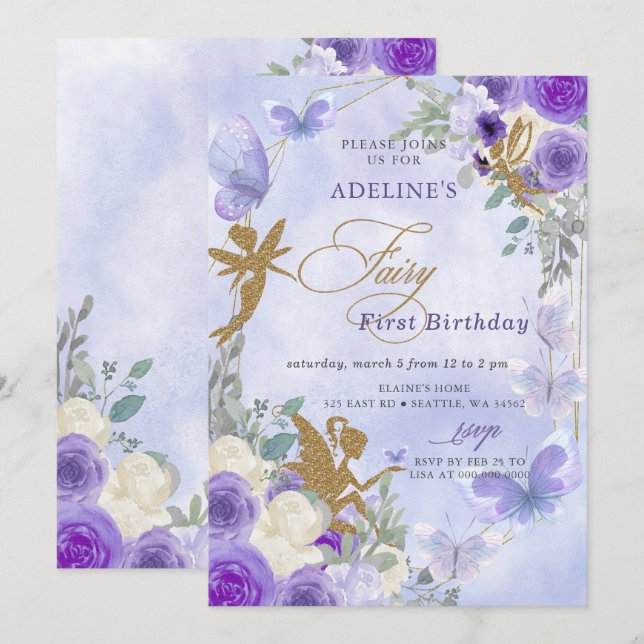 Invitación Primeros cumpleaños de las mariposas Purple Gold (Anverso / Reverso)