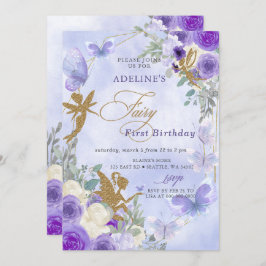 Invitación Primeros cumpleaños de las mariposas Purple Gold