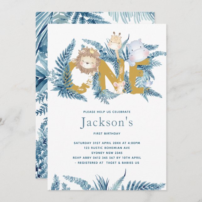 Invitación Primeros cumpleaños de los animales de Safari (Anverso / Reverso)