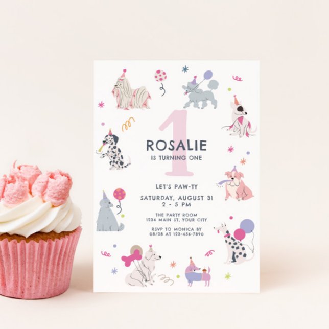 Invitación Primeros cumpleaños de los Chicas de perro de Cute (Cute Pastel Dog Birthday Invite)