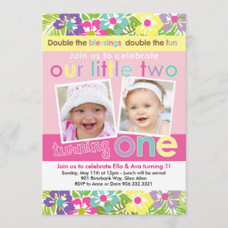 Invitación Primeros cumpleaños de los Chicas gemelos Florals