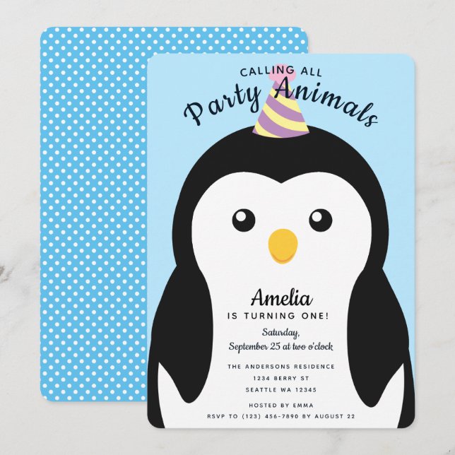 Invitación Primeros cumpleaños de niños de pingüino (Anverso / Reverso)