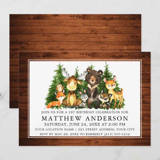 Invitación Primeros cumpleaños Madera Acuarela Madera Hemorra (Anverso / Reverso)