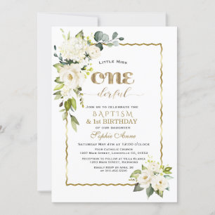 Invitación Primeros cumpleaños y bautismo de Chica de oro de 