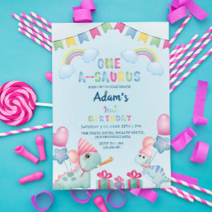 Invitación Primeros dinosaurios de cumpleaños y arcoiris, azu