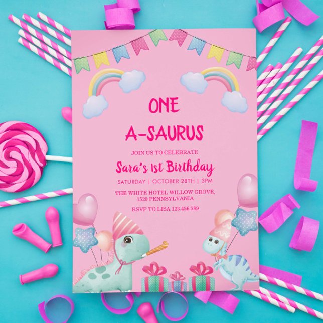 Invitación Primeros dinosaurios de cumpleaños y rosa arcoiris (Subido por el creador)