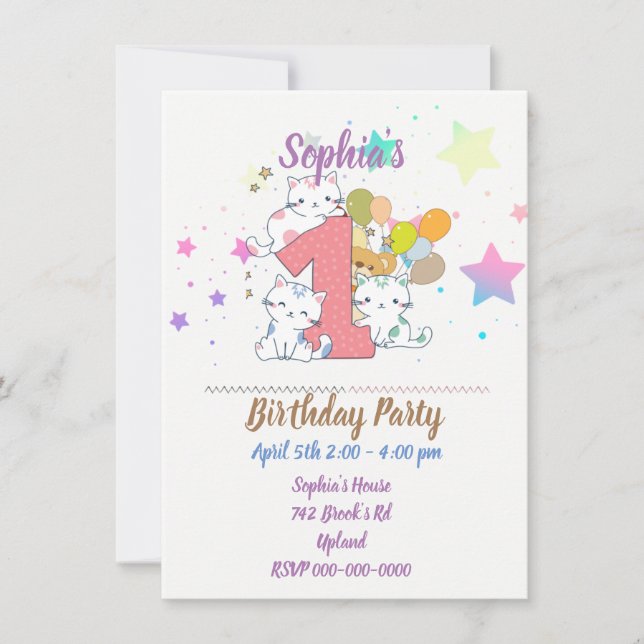 Invitación Primeros gatitos de fiesta de cumpleaños (Anverso)