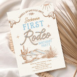 Invitación Primeros rodeo de los niños azules de la época de<br><div class="desc">Invitación de primer cumpleaños del primer rodeo de los niños azules y marrones estilo vintage invitación al primer rodeo de cumpleaños con un paisaje desértico con cactus, vacas de orígen largo, sol y una cuerda como encabezado de texto. La primera invitación de este niño al rodeo de cumpleaños es ideal...</div>