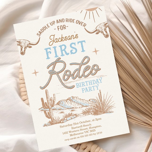 Invitación Primeros rodeo de los niños azules de la época de  (Blue Vintage Boys My First Rodeo 1st Birthday Invitation Rope Heading Desert First Rodeo Invite)