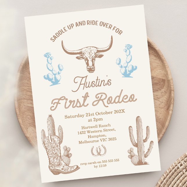 Invitación Primeros rodeo de los niños marrones azules (Blue Brown First Rodeo 1st Birthday Invitation, Rope Text, Editable Boys 1st Rodeo Birthday Invite)