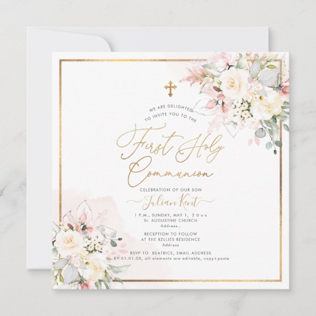 Invitación Primeros Rosas de crema de Rubor de PixDezines (Anverso)
