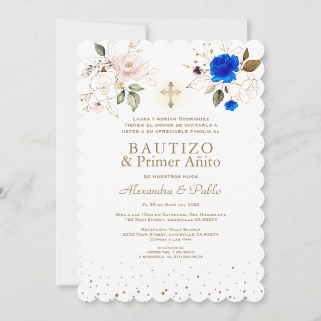 Invitación Primo Añito Bautizo de flores azules rosas gemelas (Anverso)