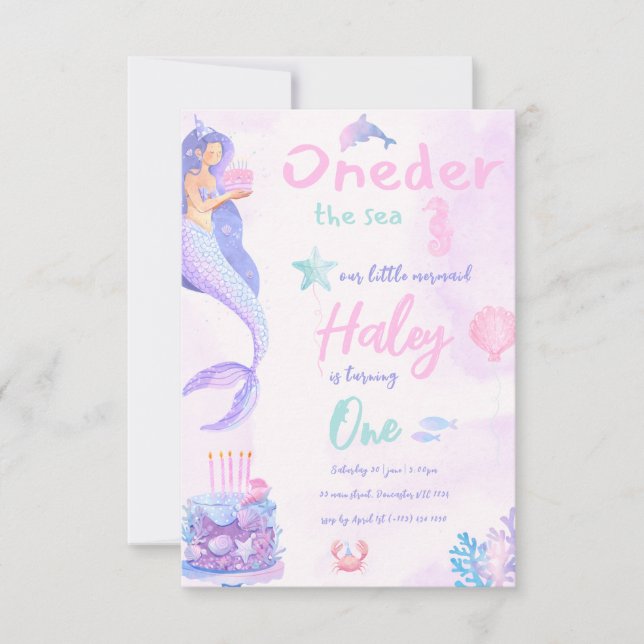 Invitación Primogénito bebé morado y rosa de la sirena (Anverso)