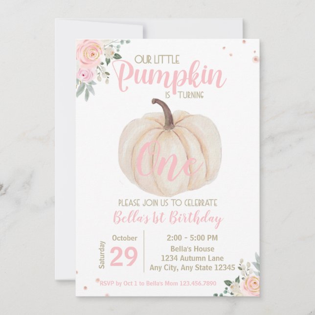 Invitación Primogénito cumpleaños de la Calabaza Floral Rosa  (Anverso)