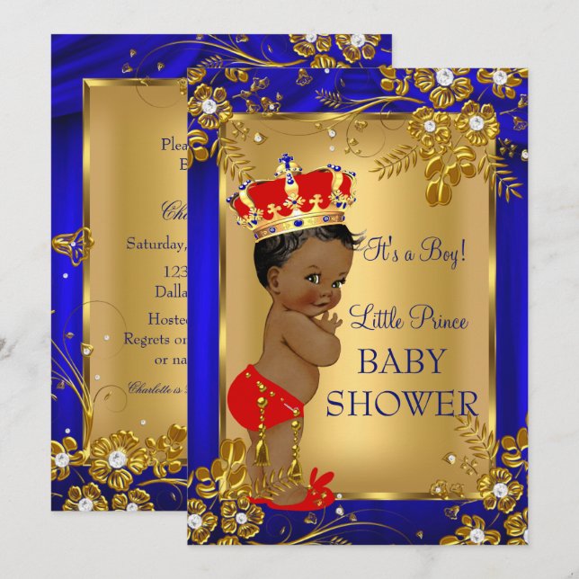 Invitación Prince Africano Baby Shower Red Gold DD1 (Anverso / Reverso)