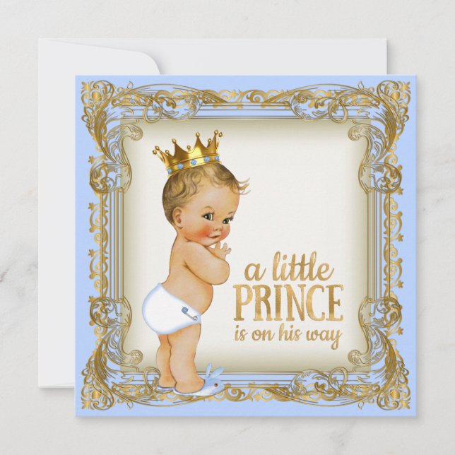Invitación Prince Baby Shower Baby Blue Gold Prince (Anverso)