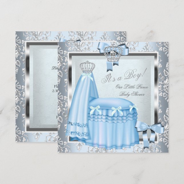Invitación Prince Baby Shower Baby Boy Blue Damask Crown 4F (Anverso / Reverso)