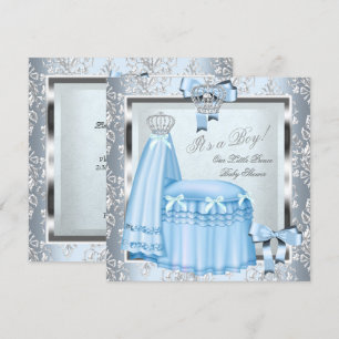 Invitación Prince Baby Shower Baby Boy Blue Damask Crown 4F