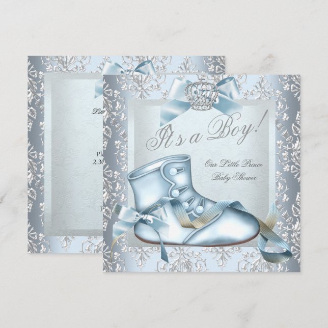 Invitación Prince Baby Shower Baby Boy Blue Damask Shoes 4E (Anverso / Reverso)