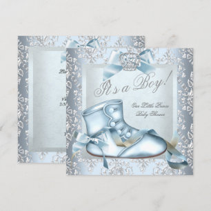 Invitación Prince Baby Shower Baby Boy Blue Damask Shoes 4E