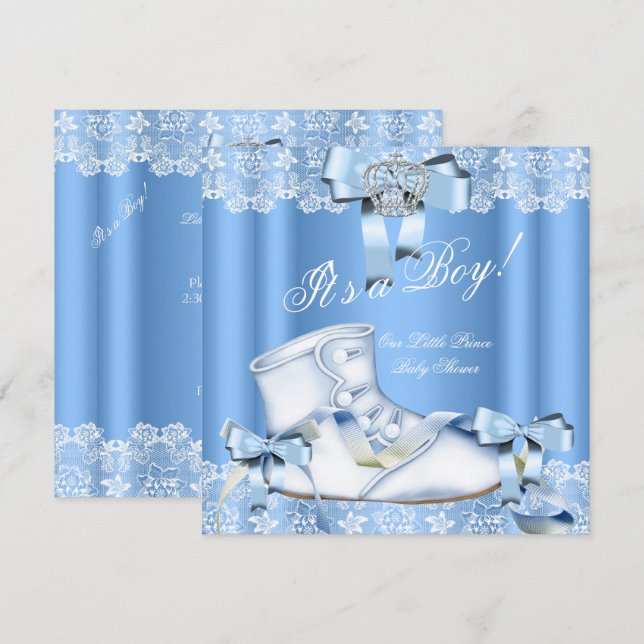 Invitación Prince Baby Shower Baby Boy Blue Lace Shoes 6a (Anverso / Reverso)