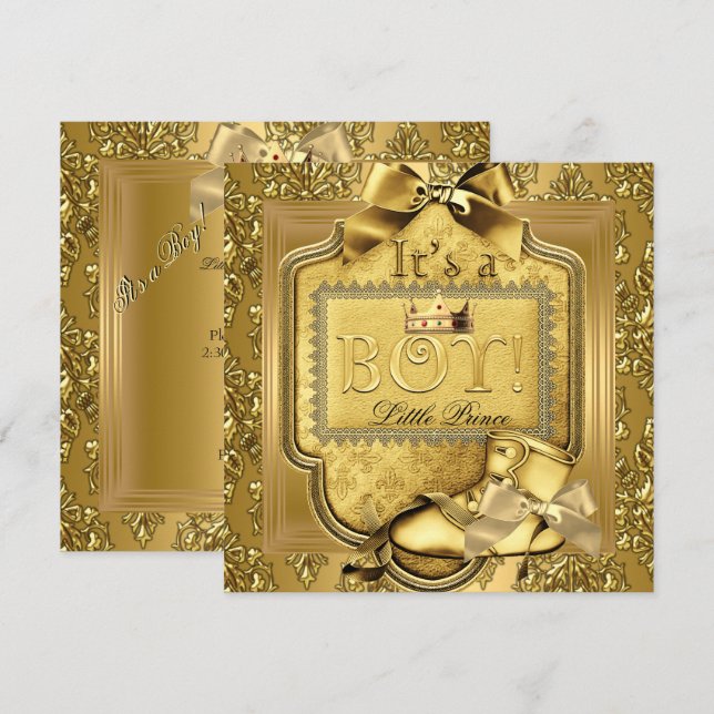Invitación Prince Baby Shower Baby Boy Elite Damask Gold (Anverso / Reverso)