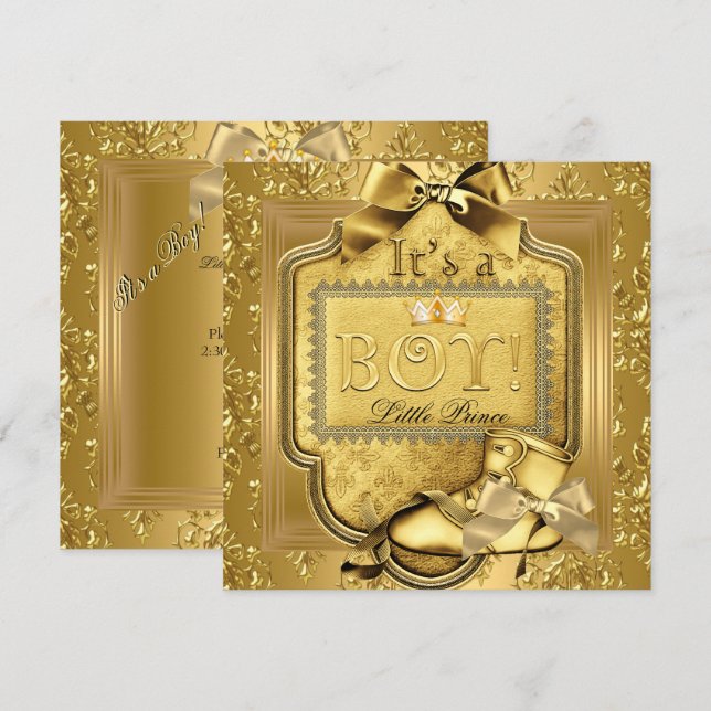 Invitación Prince Baby Shower Baby Boy Elite Damask Gold 2 (Anverso / Reverso)