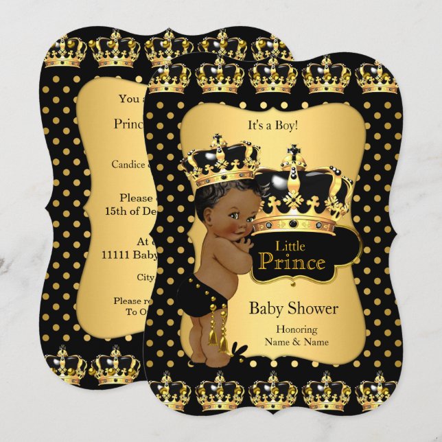 Invitación Prince Baby Shower Black Gold Polka Dot (Anverso / Reverso)