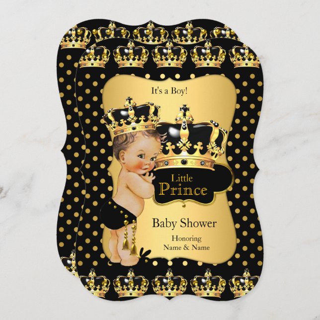 Invitación Prince Baby Shower Black Gold Polka Dot Brunette (Anverso / Reverso)