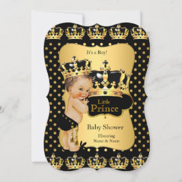 Invitación Prince Baby Shower Black Gold Polka Dot Brunette