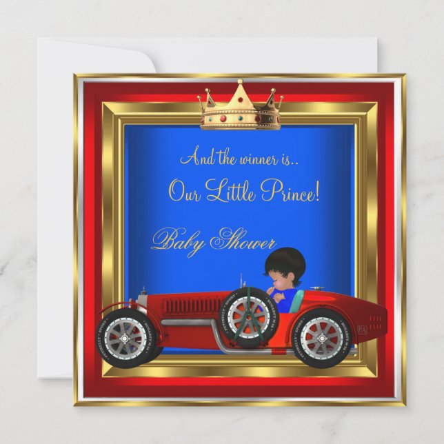 Invitación Prince Baby Shower Blue Gold Boy Carreras roja Aut (Anverso)
