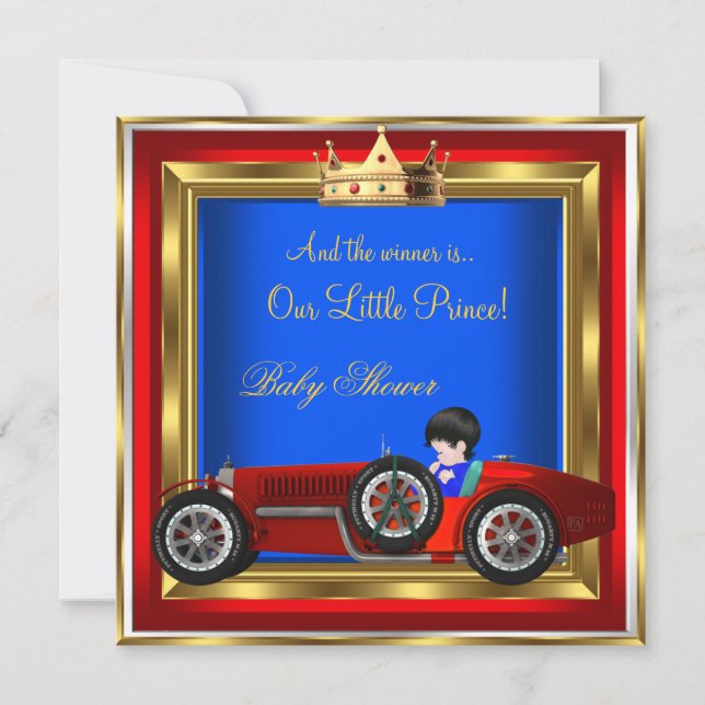 Invitación Prince Baby Shower Blue Gold Boy Carreras roja Aut (Anverso)