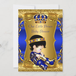 Invitación Prince Baby Shower Blue Gold Brunette Baby Boy