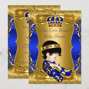 Invitación Prince Baby Shower Blue Gold Brunette Baby Boy