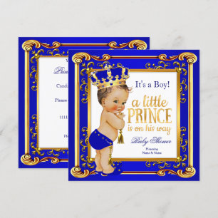Invitación Prince Baby Shower Blue Gold Crown Brunboy