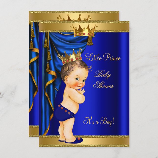 Invitación Prince Baby Shower Blue Gold Red Brunette (Anverso / Reverso)
